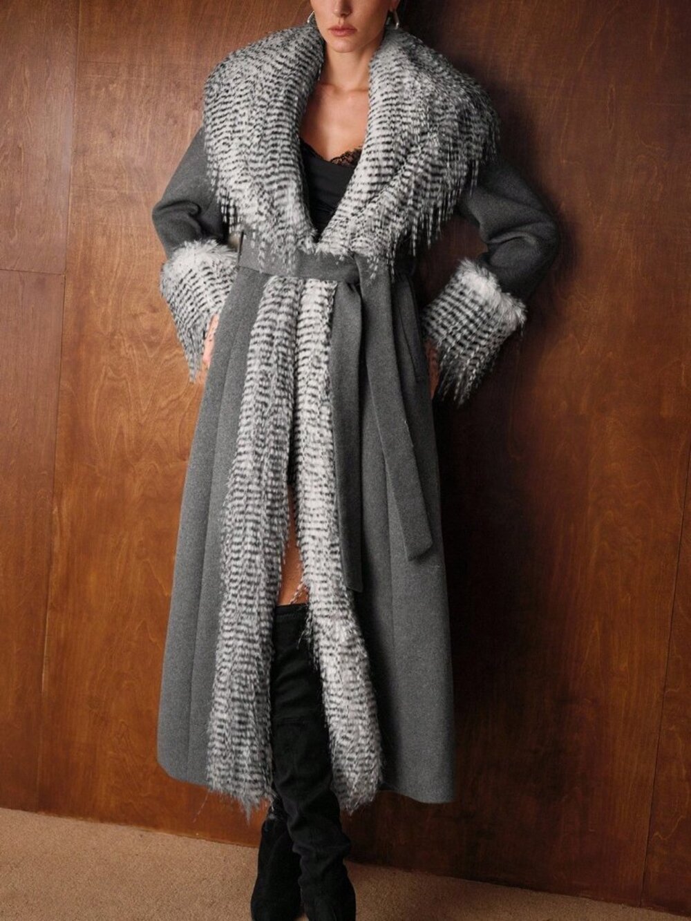 Grey Elegant Women's Premium Faux Fur trimmed belted Cinched waist Long Overcoat